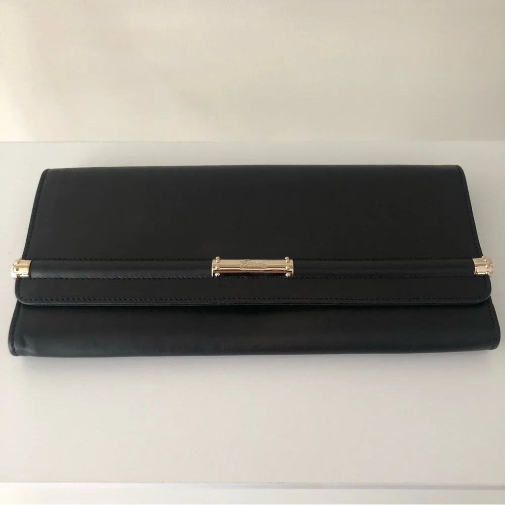 Gucci Rare Black Leather and Gold Bamboo Flap Clutch Bag - Picture 3 of 16